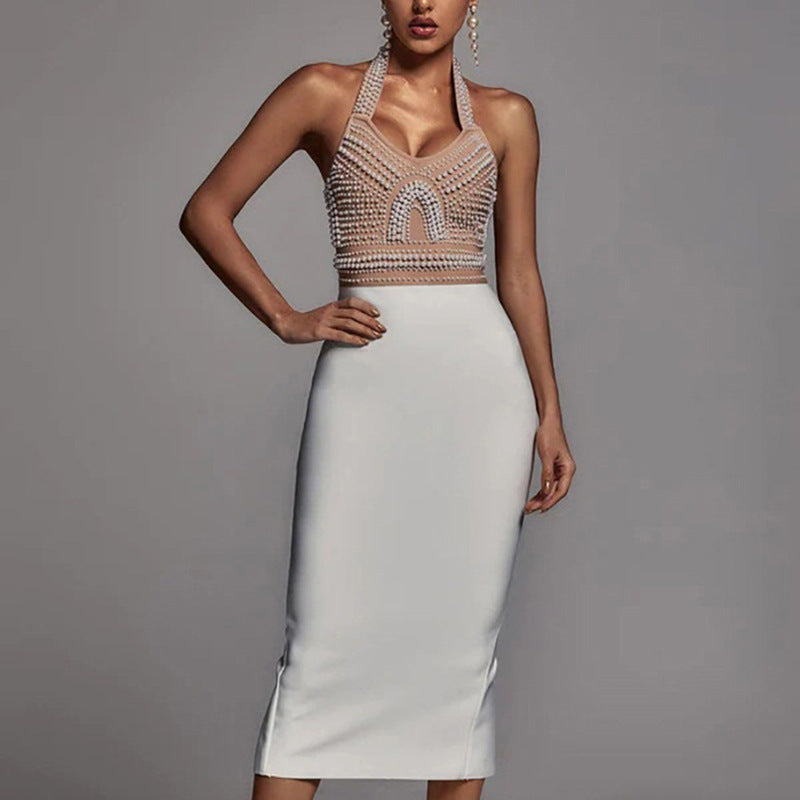 Backless Embellished Crop Top and Sleek Pencil Skirt Set - Chiccharm