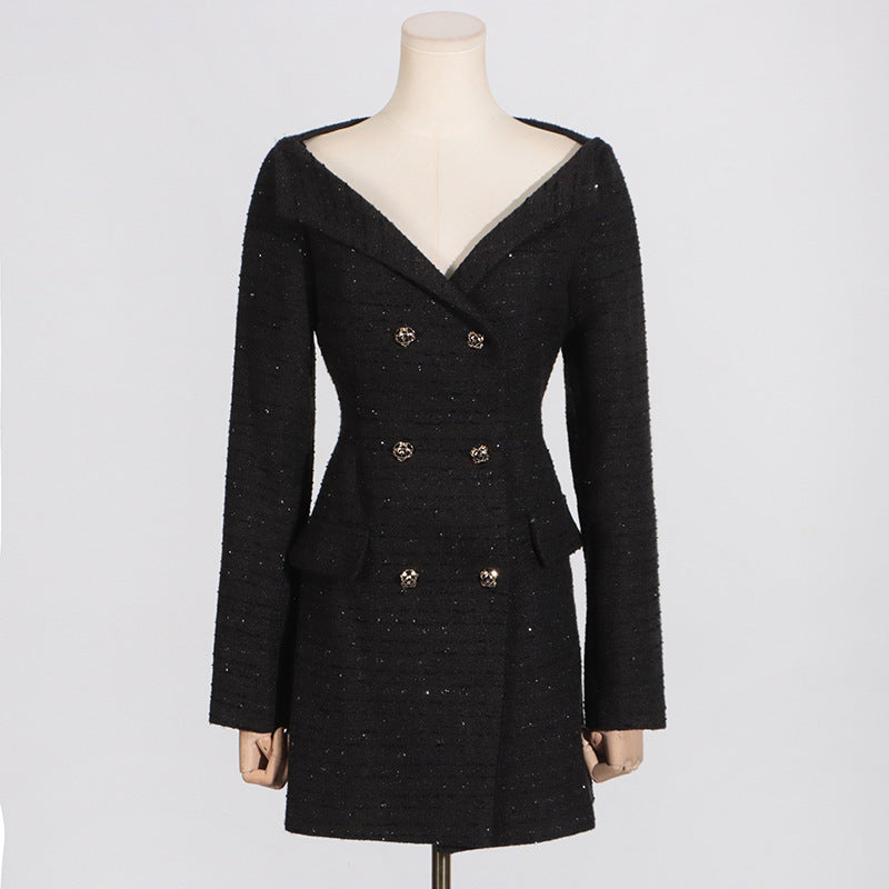 Off-shoulder Black Double Breasted Blazer Dress- Chiccharm - Chiccharm