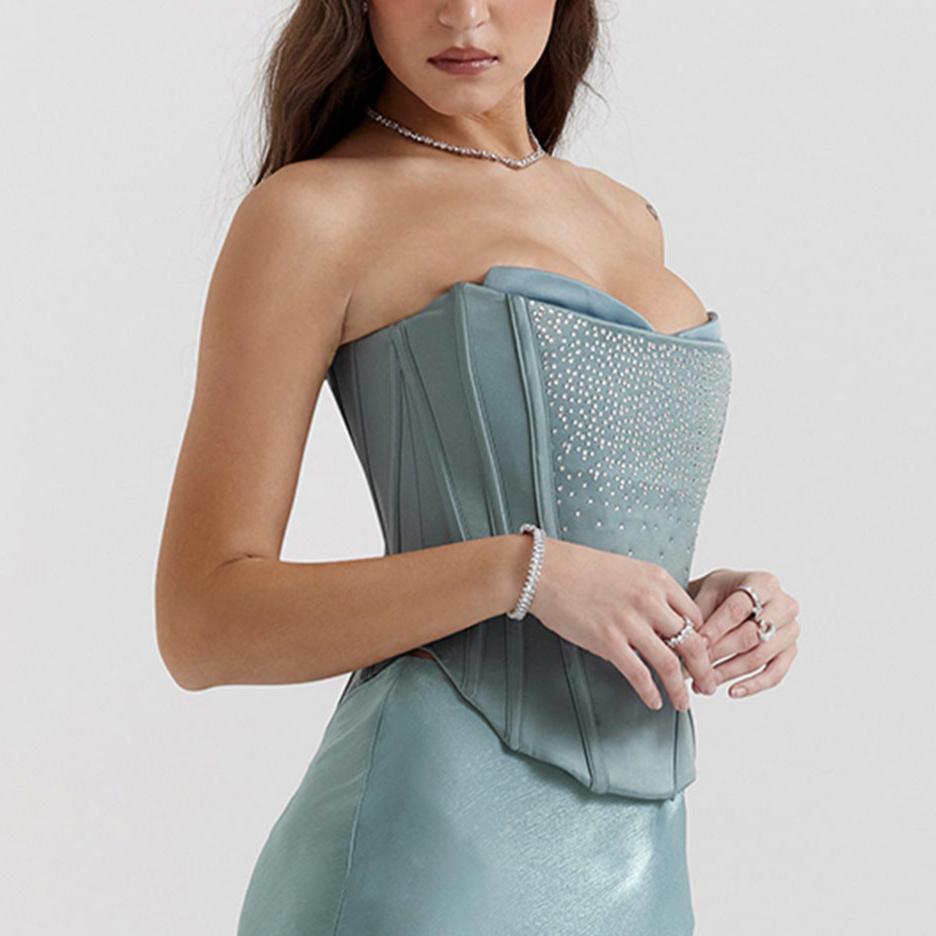 Elegant Strapless Corset Set with Crystal Detailing - Chiccharm