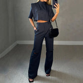 Short-Sleeve Cropped Jacket and Trousers Suit - Chiccharm