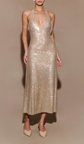 Starlit Glow Sequin Halter Slip Dress
