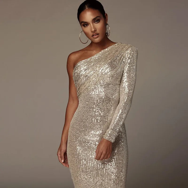 One-Shoulder Sequin Bodycon Dress For Evening - Chiccharm