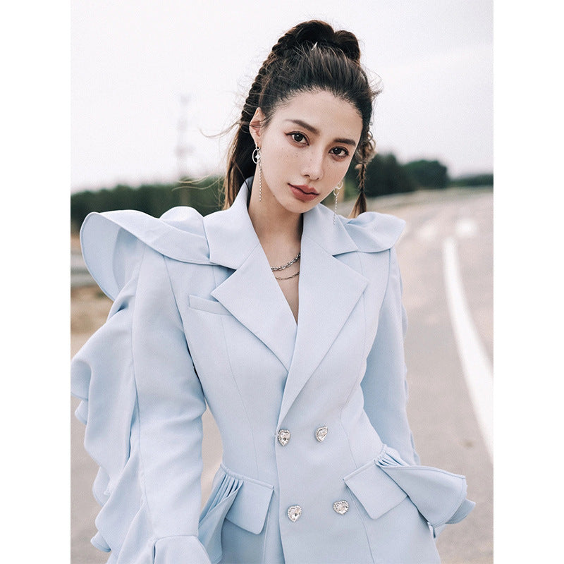 Statement Ruffle-Sleeve Double Breasted Blazer Dress - Chiccharm