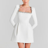 Crystal Trim Mini Square Neck white Dress For Elegance - Chic Charm