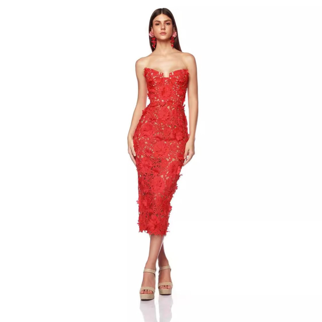 Lace Red Banquet Dress-Chiccharm boutique