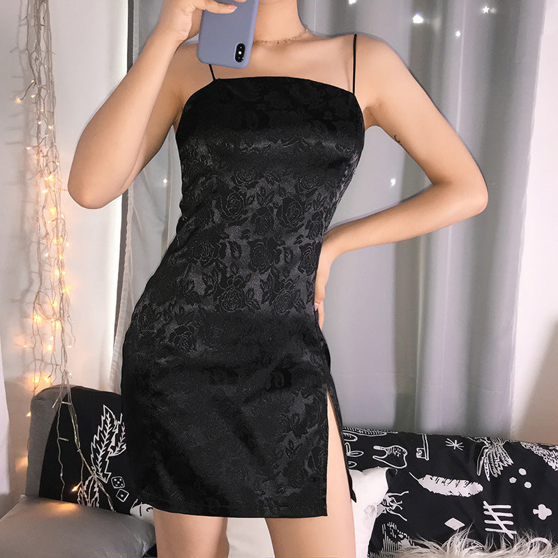 Floral Jacquard Black Mini Dress with Slit Detail - Chiccharm