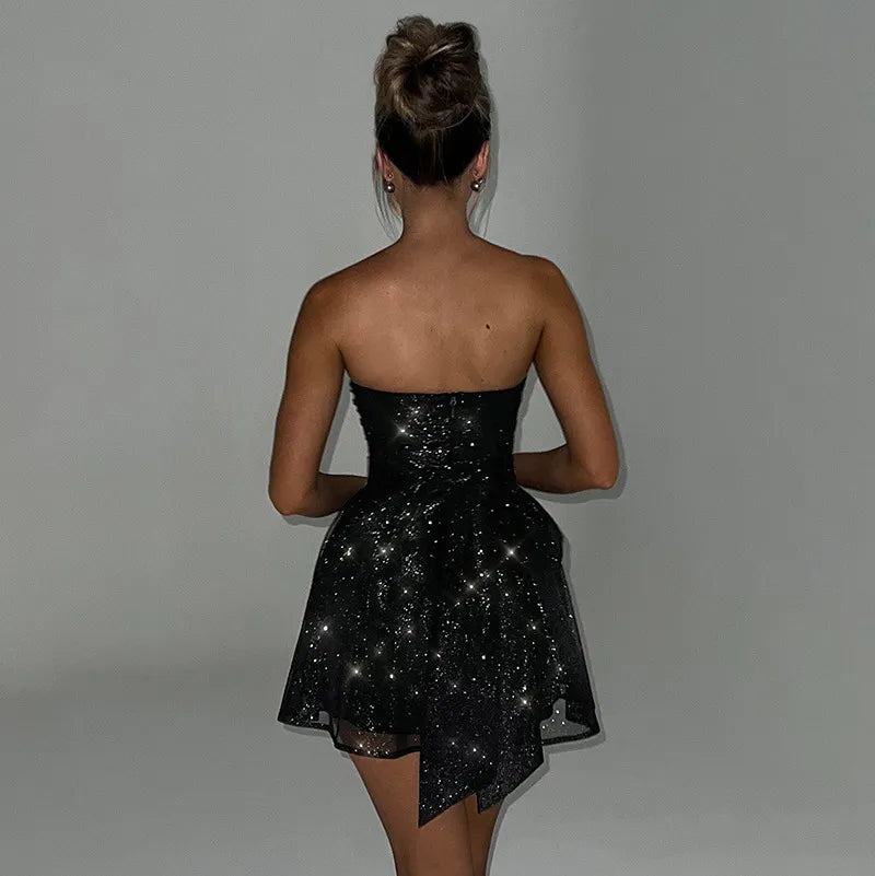 Glittery Black Strapless Mini Dress with a Bow - Chiccharm