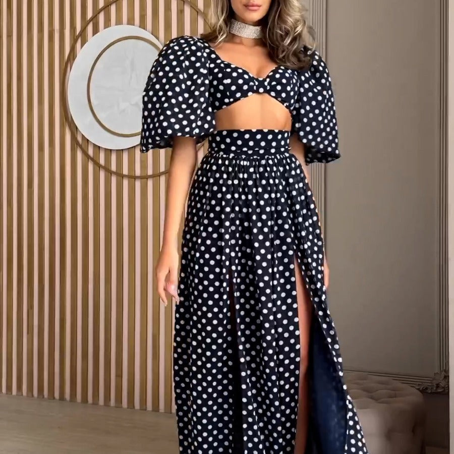 Square-neck Puff Sleeve Polka Dot Dress Suit - Chiccharm