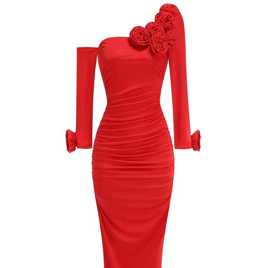 Long Sleeved Red 3D Flower Dress