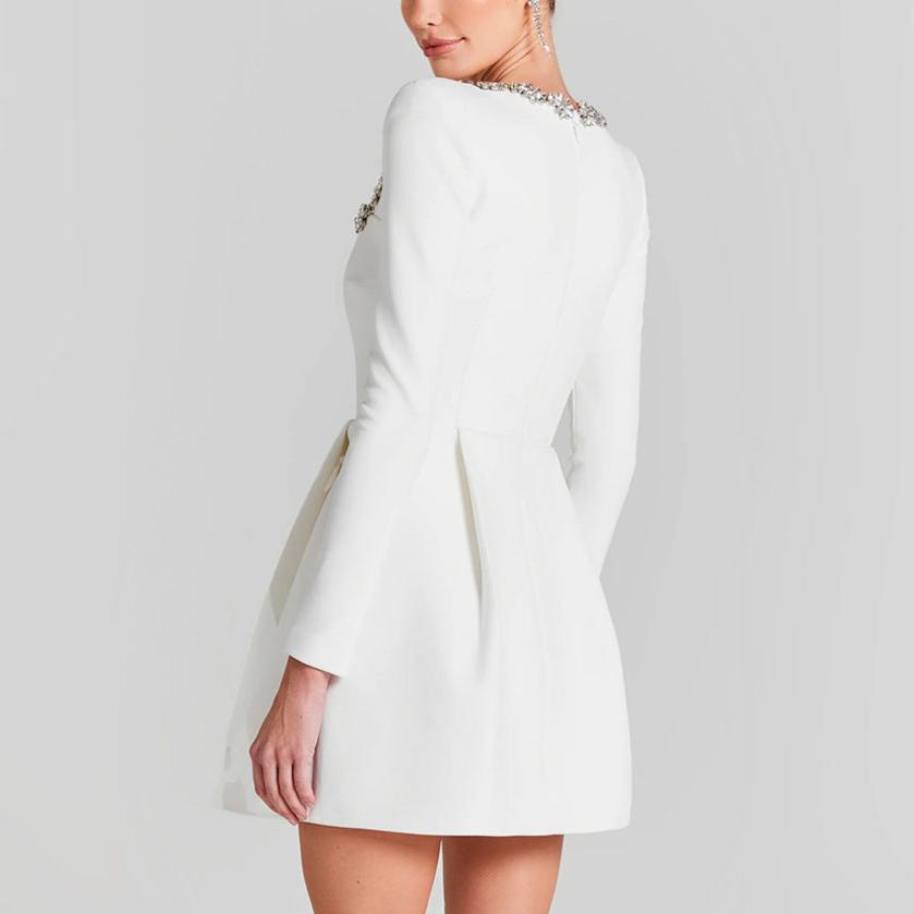 Crystal Trim Mini Square Neck white Dress For Elegance - Chic Charm