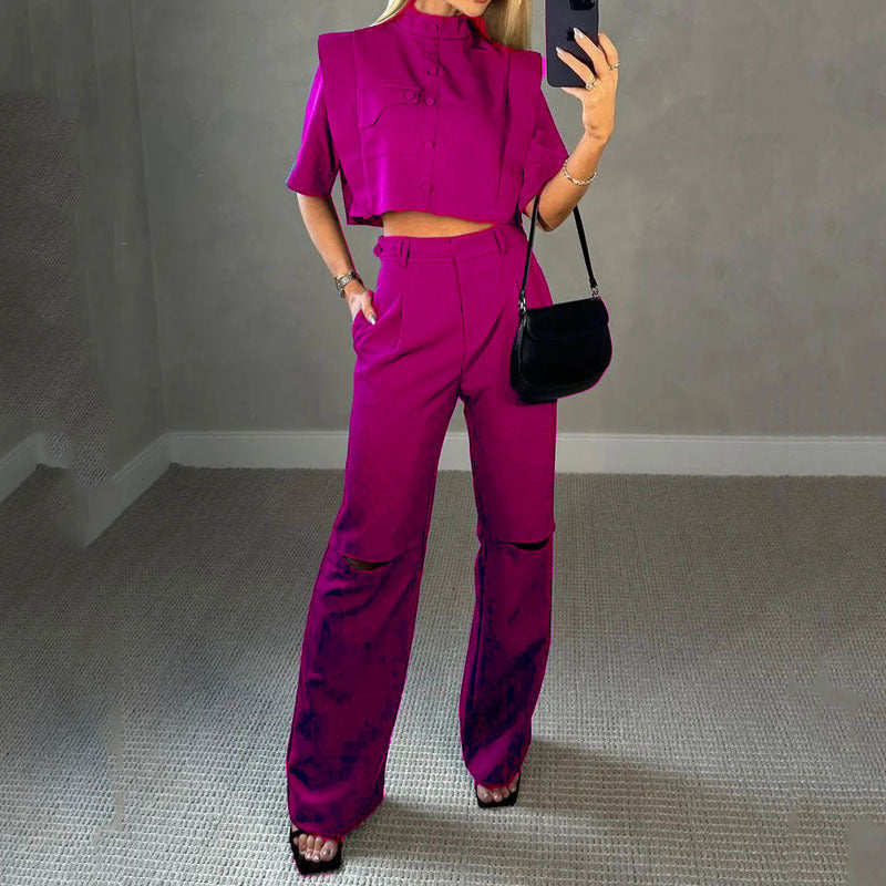 Short-Sleeve Cropped Jacket and Trousers Suit - Chiccharm