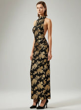 Black and gold high neck halter dress with open back and metallic floral print, elegant evening gown for winter parties UK - Chiccharm Boutique