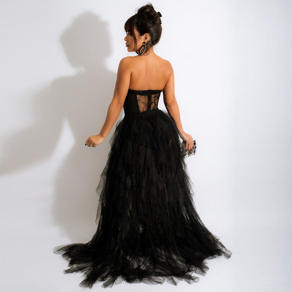 Strapless Lace and Beads corset Tulle Dress with Slit - Chiccharm