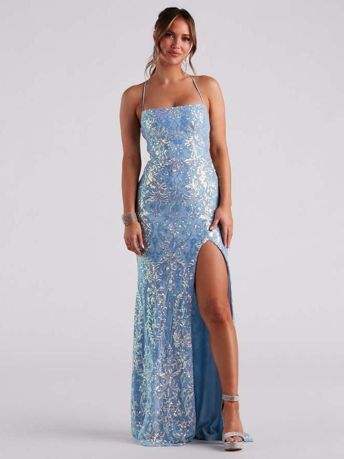 Sequined Halter Neck Dress with High Slit - Chiccharm
