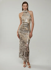 Champagne silver high neck sequin maxi dress with dark floral leaf pattern, sleeveless evening gown for black tie events UK - Chiccharm Boutique.