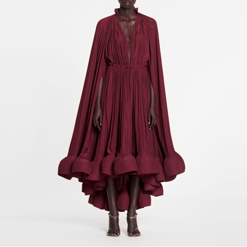 Elegant Layers with Flowing Ruffle Cape Dress