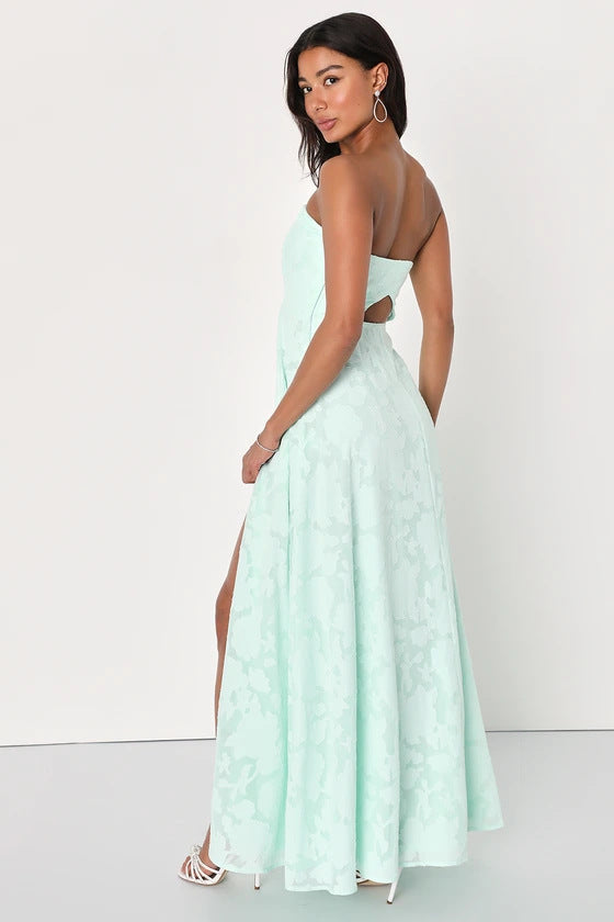 long strapless dress with front slit Embroidery Dress - Chiccharm