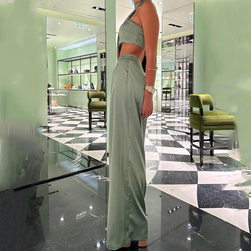 Asymmetrical Halter Crop Top and Wide-Leg Trousers Set - Chiccharm