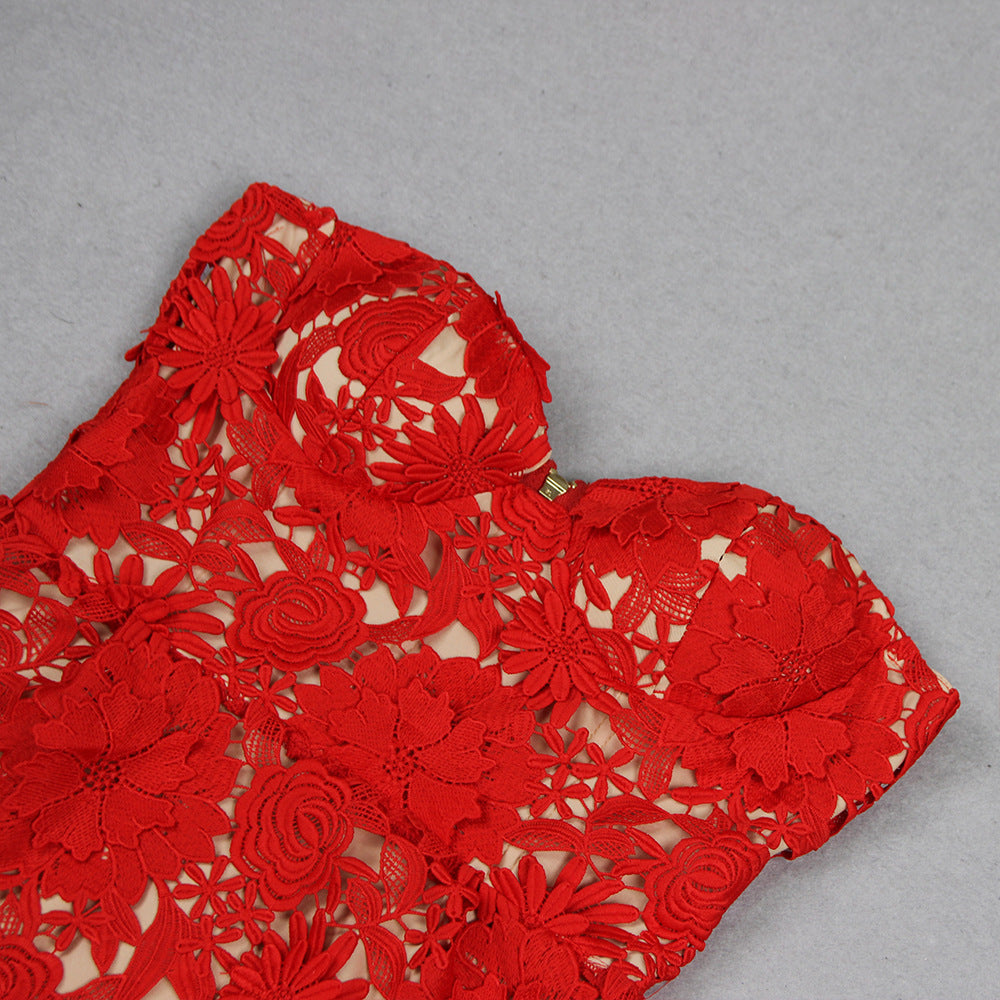 Lace Red Banquet Dress-Chiccharm boutique