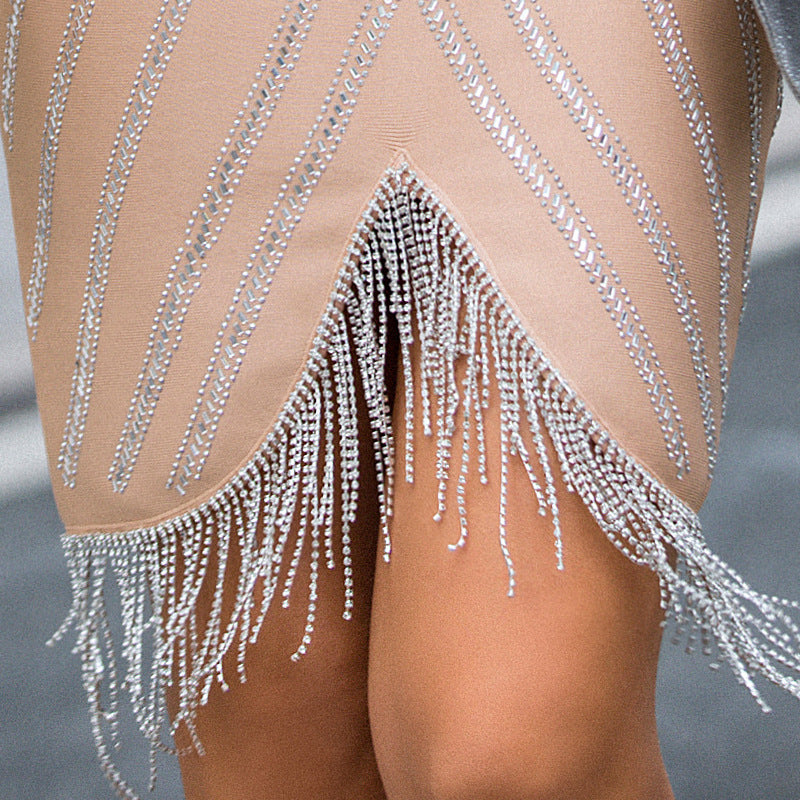 Elegant Strapless Beaded Dress With Fringe  - Chic Charm