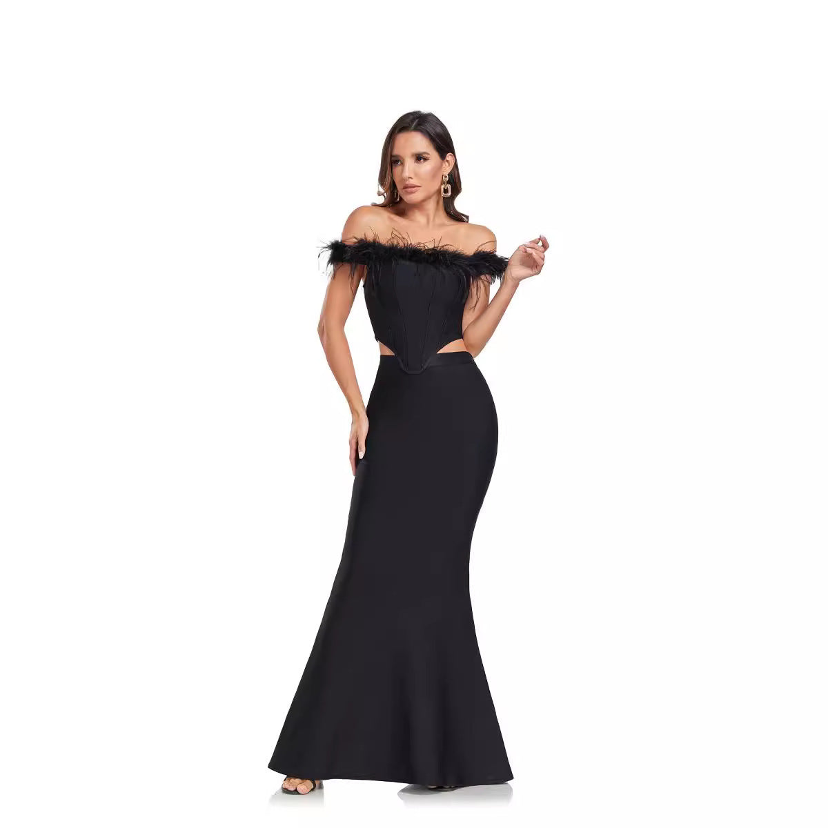 Feather Trim Corset Gown Set - Chiccharm Boutique
