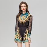 Baroque Print Long Sleeve Top Shorts Suit - Chiccharm