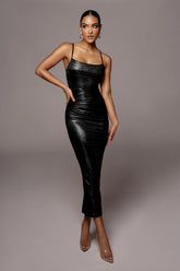 Shimmer Black Ruched Bodycon Midi Dress - chiccharm