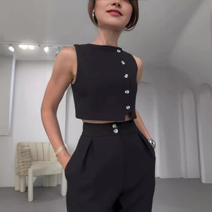Asymmetrical Buttoned Crop Top Suit - Chiccharm