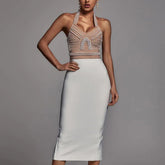Backless Embellished Crop Top and Sleek Pencil Skirt Set - Chiccharm