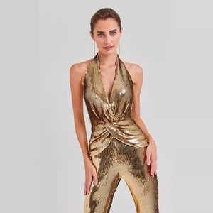 Backless Gold Sequined Jumpsuit - Chiccharm Boutique