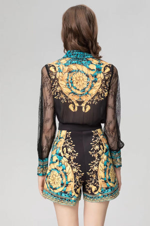 Baroque Print Long Sleeve Top Shorts Suit | Chic Statement Set - Chiccharm Boutique