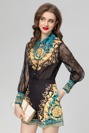 Baroque Print Long Sleeve Top Shorts Suit - Chiccharm