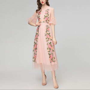 Blush Pink Embroidered Floral Midi Dress - Chiccharm Boutique