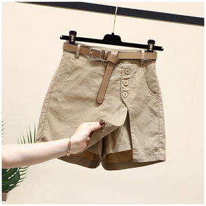 Button High Waist With Belt Cotton Shorts - Chiccharm
