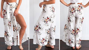 Chiffon printing split loose wide leg pants - Chiccharm Boutique