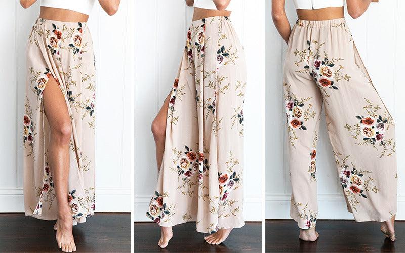 Chiffon printing split loose wide leg pants - Chiccharm Boutique