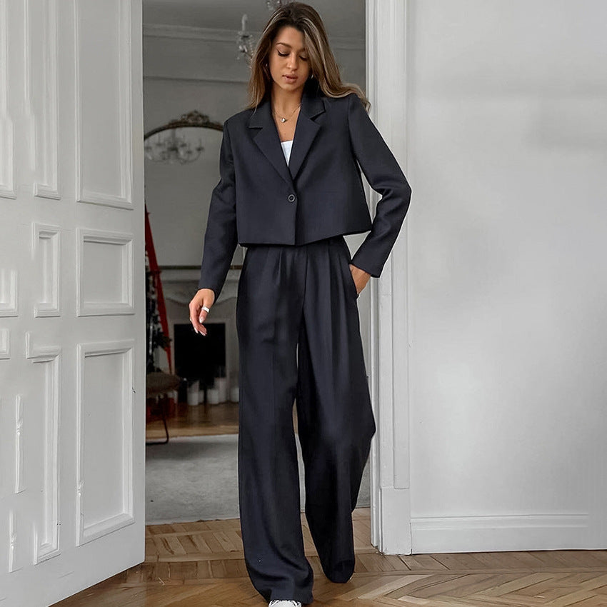 Cropped Blazer and High-Waist Wide-Leg Trousers Set - Chiccharm