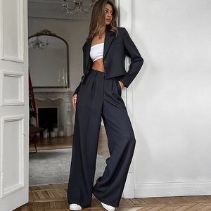 Cropped Blazer and High-Waist Wide-Leg Trousers Set - Chiccharm