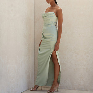 Draped Satin Gown with Side Split - Chiccharm Boutique
