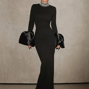 Elegant Bell-Sleeve Gown with Embellished Collar