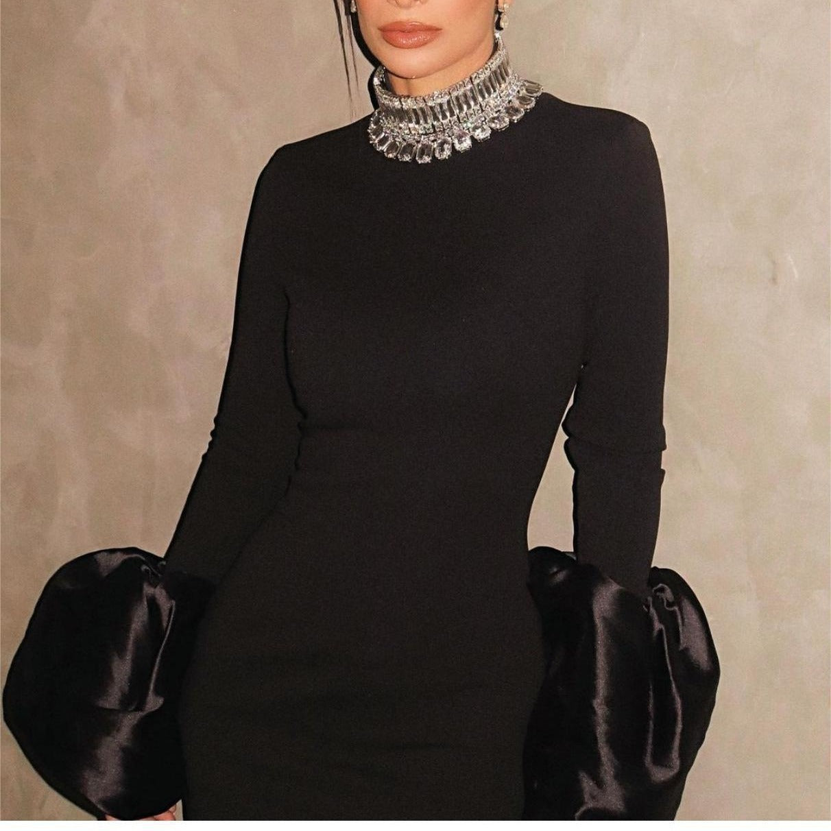 Elegant Bell-Sleeve Gown with Embellished Collar - Chiccharm Boutique
