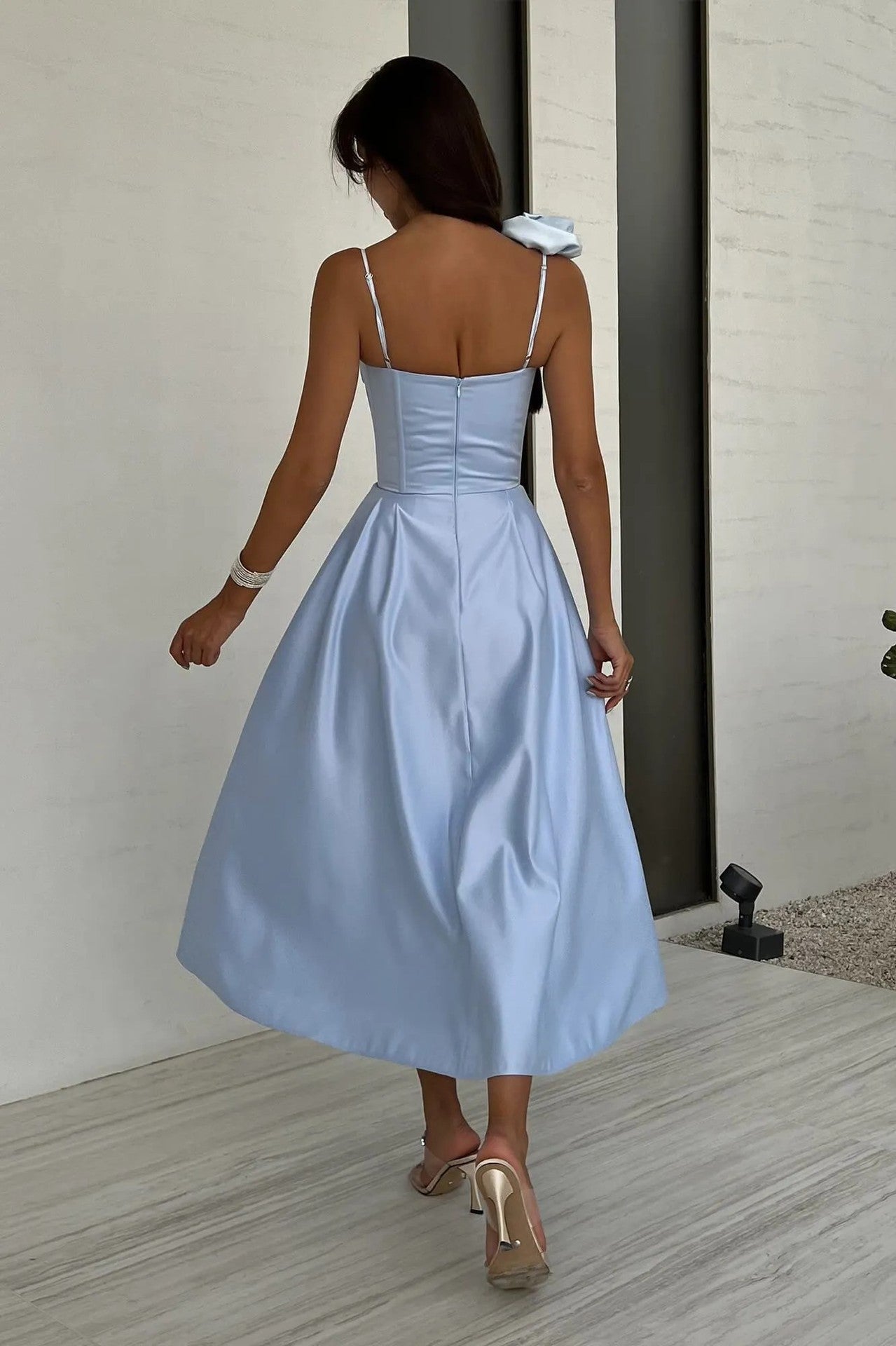 Elegant Blue Off Shoulder Midi Dress with Flowers - Chiccharm Boutique