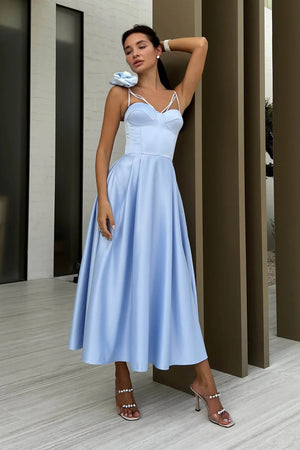 Elegant Blue Off Shoulder Midi Dress with Flowers - Chiccharm