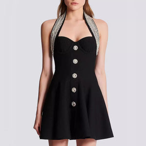 Elegant Crystal Button Halter Mini Dress For Chic Evenings - Chiccharm Boutique