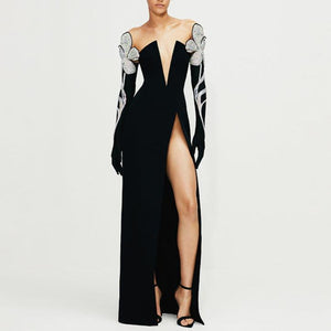 Embellished Plunge High-Slit Gown - Chiccharm Boutique