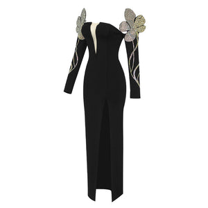 Embellished Plunge High-Slit Gown - Chiccharm Boutique