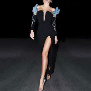 Embellished Plunge High-Slit Gown - Chiccharm Boutique