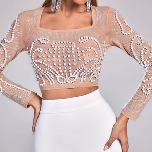 Embellished Sheer Crop Top and Sleek Pencil Skirt Set - Chiccharm