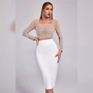 Embellished Sheer Crop Top and Sleek Pencil Skirt Set - Chiccharm