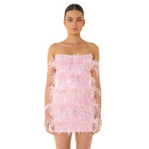 Feather Mini Dress - Sequin Glam Mini Dress - Chiccharm